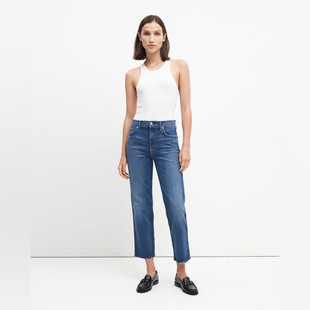 NWOT 7 for All Mankind‎ High Rise Cropped Straight Medium Blue Petite Jeans 29